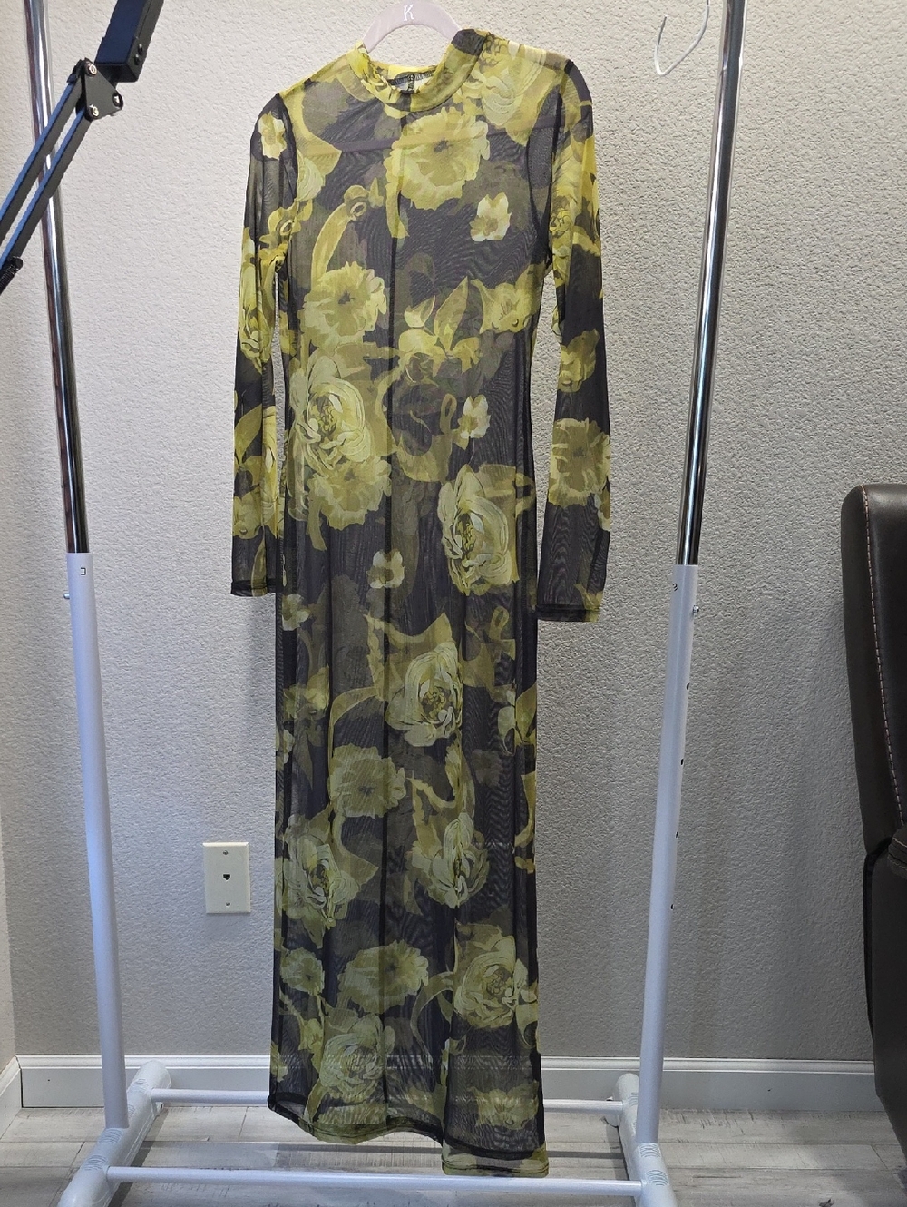 Sheer Floral Mesh Maxi Dress with Long Sleeves - Yellow